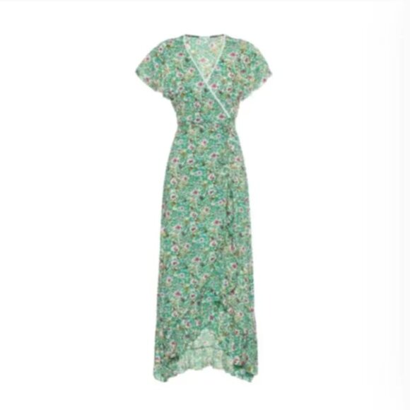 Poupette St Barth Joe Wrap Dress Womens Small Green White Pink VNeck Floral Midi - Picture 1 of 13